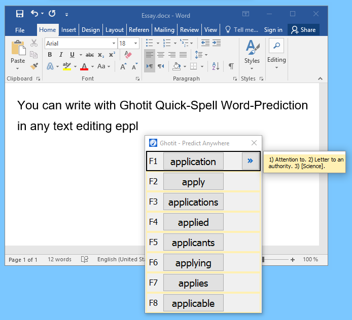 Reading Assistance for Word Prediction Menu